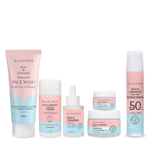 Glamveda Korean Rice Ceramide 6 Step Skincare Kit for Glowing Skin | Face Wash, Face Serum, Moisturizer Cream, Toner, Sunscreen SPF 50 PA+++, Under Eye Cream | Skincare Gift Set for Woman Glamveda Korean Rice Ceramide 6 Step Skincare Kit for Glowing Skin | Face Wash, Face Serum, Moisturizer Cream, Toner, Sunscreen SPF 50 PA+++, Under Eye Cream | Skincare Gift Set for Woman