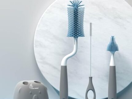 R for Rabbit Hygo Care Teddy Baby Bottles Cleaning Brushes 360° Rotatable, Feeding Bottle Nipple & Straw Cleaner Set with Anti Slip Handle, Easy to Clean Corner, BPA-Free Silicone Bristles(Grey Blue)