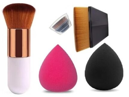 4-in-1 Makeup Brush and Sponge Set – 1 Round Foundation Brush, 1 Wooden Blush Brush, 2 Makeup Sponge Blenders – Combo for Daily Makeup Use
