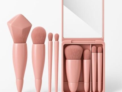 5-in-1 Mini Makeup Brush Set with Mirror | Compact Travel-Friendly Pocket Makeup Brushes Kit for Foundation, Eyeshadow, Blush & Powder | Portable Cosmetic Brush Set for Women & Girls