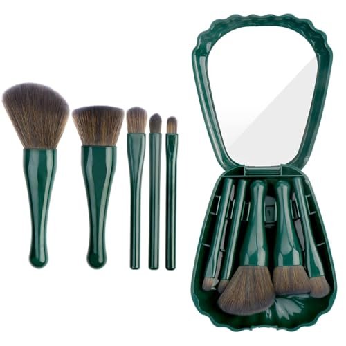 5-in-1 Mini Travel Makeup Brush Set – Portable Cosmetic Brushes Kit with Mirror, Foundation, Eyeshadow, Blush & Powder Brushes for Women & Girls – Compact Shell Design for Beauty on the (Green) 5-in-1 Mini Travel Makeup Brush Set – Portable Cosmetic Brushes Kit with Mirror, Foundation, Eyeshadow, Blush & Powder Brushes for Women & Girls – Compact Shell Design for Beauty on the (Green)