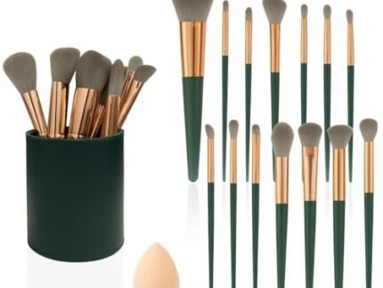ANNA's 14 Pcs Makeup Brush Set with Beauty Blender Sponge – Professional Face & Eye Cosmetic Brushes for Foundation, Blush, Contour, Eyeshadow – Soft Bristles, Green Handle