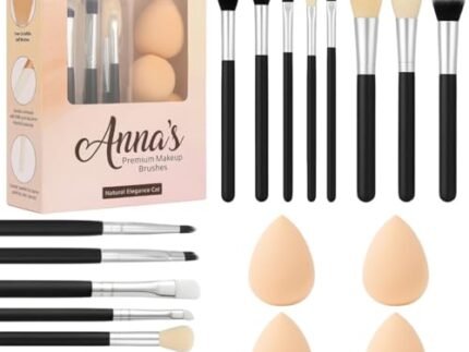 ANNA’s Premium 19 Pcs with Gift Box 15 Pcs Makeup Brush Set with 4 Blender Sponge – Professional Face & Eye Cosmetic Brushes for Foundation, Blending, Contouring, Eyeshadow – Soft Bristles Black Handle