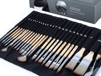 ARTIFY 24 Pieces Paint Brush Set, Expert Series, Enhanced Synthetic Brush Set with Cloth Roll and Palette Knife for Acrylic, Oil, Watercolor and Gouache (Birch)