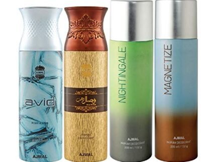 Ajmal 1 Avid Homme for Men, 1 Wisal Dhahab for Men, 1 Nightingale and 1 Magnetize for Men & Women Deodorants each 200ML Combo pack of 4 (Total 800ML)