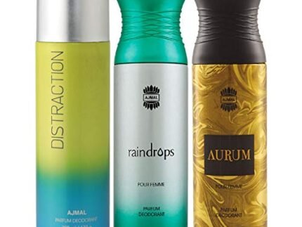 Ajmal 1 Distraction for Men & Women, 1 Raindrops Femme for Women and 1 Aurum Femme for Women, Deodorants each 200ML Combo pack of 3 (Total 600ML)
