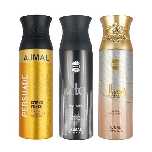 Ajmal 1 Persuade for Men & Women, 1 Ajmal Carbon for Men and 1 Wisal for Women Deodorants each 200ML Combo pack of 3 (Total 600ML) Ajmal 1 Persuade for Men & Women, 1 Ajmal Carbon for Men and 1 Wisal for Women Deodorants each 200ML Combo pack of 3 (Total 600ML)
