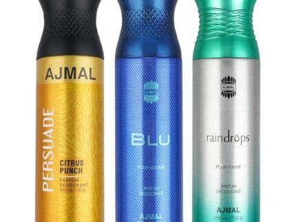 Ajmal 1 Persuade for Men & Women, 1 Blu Homme for Men and 1 Raindrops Femme for Women Deodorants each 200ML Combo pack of 3 (Total 600ML)