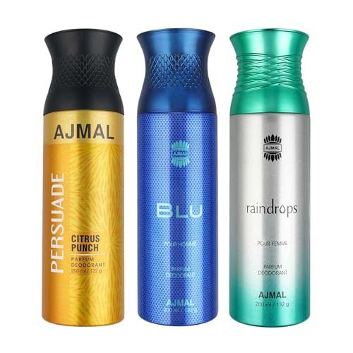 Ajmal 1 Persuade for Men & Women, 1 Blu Homme for Men and 1 Raindrops Femme for Women Deodorants each 200ML Combo pack of 3 (Total 600ML) Ajmal 1 Persuade for Men & Women, 1 Blu Homme for Men and 1 Raindrops Femme for Women Deodorants each 200ML Combo pack of 3 (Total 600ML)