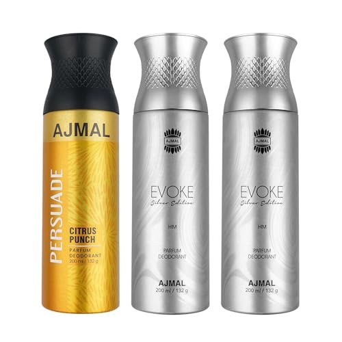 Ajmal 1 Persuade for Men & Women and 2 Evoke Silver Edition for Him for Men Deodorants each 200ML Combo pack of 3 (Total 600ML) Ajmal 1 Persuade for Men & Women and 2 Evoke Silver Edition for Him for Men Deodorants each 200ML Combo pack of 3 (Total 600ML)