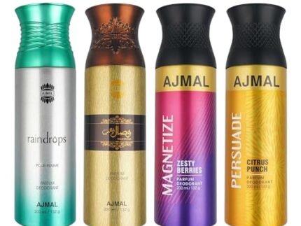 Ajmal 1 Raindrops Femme for Women, 1 Wisal Dhahab for Men, 1 Magnetize and 1 Persuade for Men & Women Deodorants each 200ML Combo pack of 4 (Total 800ML)