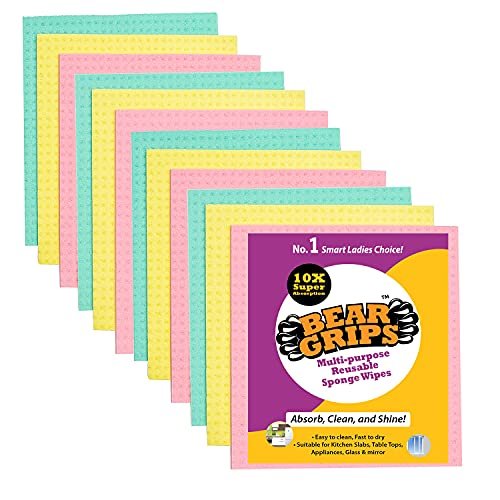 BEAR GRIPS resuable and Washable Sponge Wipes with Super absorbant Biodegradable Cellulose Material for Kitchen and Home Cleaning (Multicolored) – Pack of 12 BEAR GRIPS resuable and Washable Sponge Wipes with Super absorbant Biodegradable Cellulose Material for Kitchen and Home Cleaning (Multicolored) – Pack of 12
