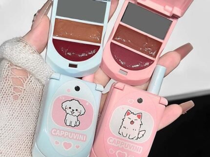 Cappuvini Smooth Touch Critter Solid Lip Gloss | Cute Flip-Phone Packaging with Silicone Brush | High-Shine Finish for Natural to Bold Looks | Light Texture Mirror-Finish | Buildable Shine for Custom Color Mixing & Layering | Light-Weight Comfortable Glossy Formula Gloss For Women (03# Peach Powder + Pink Brown, 3.5g)