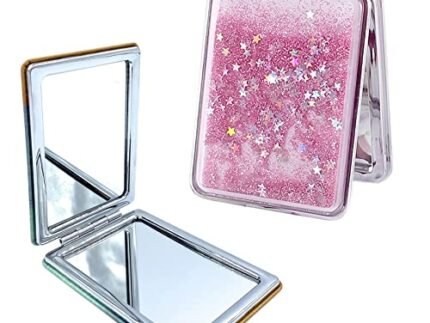 Compact Glass Makeup Mirror Mini Portable Double-Sided Magnifying Handheld Mirror Dream Quicksand Mirror For Travel (Color May Very, Square,Color May Very, Pink, Tabletop Mount