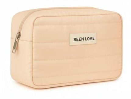 Coslifestore Waterproof Quilted Makeup Bag for Women – Travel Cosmetic Organizer with Zipper –Travel Organiser- for Skincare, toiletries (Peach)