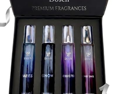 DOSCH Premium Perfume Gift Set for Men & Women | Long-Lasting Travel-Size Perfumes | Eau De Parfum Mini Combo Pack (Venom, Raeesi, Addicted & Secret Crush) | Floral, Woody, Spicy & Amber Notes | EDP 17 ml x 4 | Ideal for Gifting