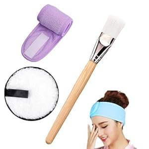 Double Sided Reusable Makeup Remover Sponge Pad with Face Pack Applicator Brush and Adjustable Facial Spa Hairband for Salon and Home (Multicolor) (Pack Of 3)