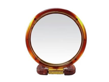 Ear Lobe & Accessories] Double-Sided Beauty Cosmetic Mirror with Foldable Base | One Side Regular (1x), One Side Magnifying (5X) | Small (12 X 12cm), Round, Brown