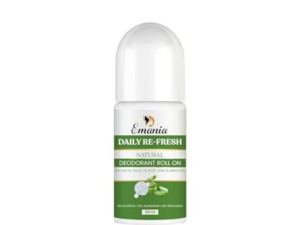 Emania Daily Re-Fresh Natural Deodorant Roll On | With Lactic Acid, Aloe Vera & Menthol | Long-Lasting Underarm Freshness | No Alcohol, No Aluminium, No Triclosan | 50 ml (Pack of 2)