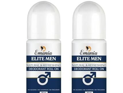 Emania Elite Men Natural & Refreshing Deodorant Roll On for Men | Long Lasting Freshness | No Alcohol, No Aluminium, No Triclosan | Skin Friendly Underarm Roll-On | 50 ml Each (Pack of 2) (Pack Of 2)