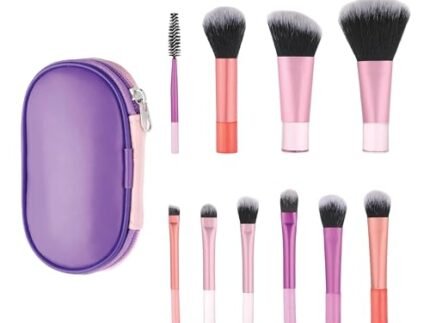 Feel Good Club Brush Brigade 10 Pc Mini Makeup Brush Set with Soft Synthetic Bristles and Compact Travel Case for Face Eyes Lips Contouring Shading and Blending