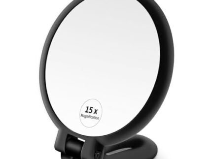 Foldable Handheld Makeup Mirror with 15X Magnification | Double-Sided Portable Travel & Desk Vanity Mirror | Adjustable Handle | Compact Black Beauty Accessory for Women | Black