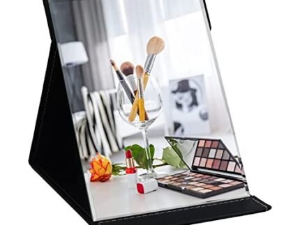 Folding Travel Mirror, PU Portable Adjustable Rectangular Ultrathin Mackup Mirror, for Travel, Camping, Home, 17Lx12W cm, Black (Black-Pack of 1)