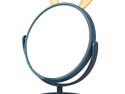 Glass Round Shape Desk Wall Mount Mirror With Stand, Vanity Makeup Mirrorwith Cute Rabbit Ears (Greenyellow Rabbit Ear)