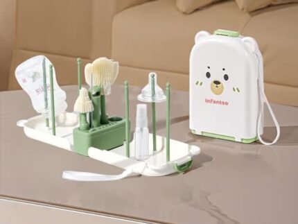 Infantso Foam-O (10-in-1) Baby Bottle Cleaning Brush Set – Feeding Bottle Cleaner Kit for Newborn Essentials with Pacifier Brush, Straw Brush, Drying Rack & Soap Dispenser | BPA-Free Silicone Bristles