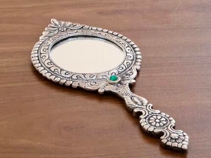 KridayKraft Beautifully Carved Round Shape Silver Plating Hand Mirror for Makeup, Travelling, Salon Mirror & Decorative Mirror Antique Item for Wedding Gifts.