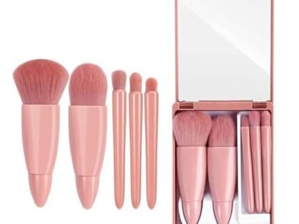 Kyraton Portable 5Pcs Travel Makeup Brush Set with Makeup Mirror in Brush Case - Lip Brush Blending Powder Brush Eyeshadow Brush - Multicolor