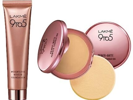 LAKMÉ 9 To 5 Weightless Mousse Foundation for All Skin Type, Rose Ivory, 25G And 9 To 5 Primer With Matte Powder Foundation Full coverage for All Skin Type Compact, Ivory Cream, 9G
