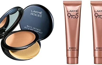 LAKMÉ Absolute White Medium Wet & Full Dry Compact Powder, Natural & Matte For Dry Skin, 9g & 9 To 5 Weightless Mousse Foundation Mini & 9 To 5 Weightless Mousse Foundation Mini, 6g
