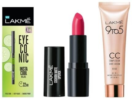 LAKMÉ Cushion Matte Lipstick & Eyeconic Insta Cool Kajal, Black & Lakme 9 To 5 Cc Cream Mini, 01 – Beige, 9 G