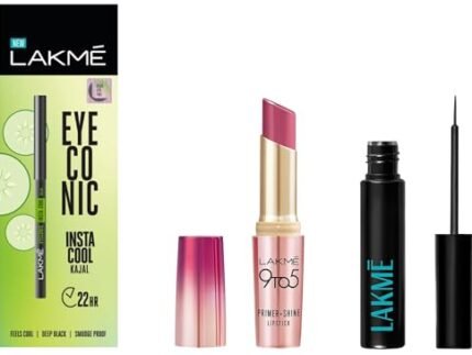 LAKMÉ Glossy Lipstick [Pink], Eyeconic Insta Cool Kajal [Black] (0.35g), Eyeconic Liquid Eyeliner [Black, Matte] (4.5ml) | For Defined Eyes & Lips