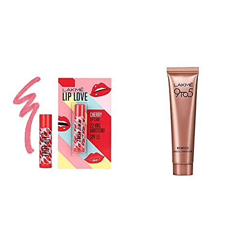 LAKMÉ Lip Love Chapstick Cherry, Lip Balm With Medium Spf 15, 4.5G & 9 To 5 Weightless Mousse Matte Foundation Cream for Dry Skin, Beige Vanilla, 6G LAKMÉ Lip Love Chapstick Cherry, Lip Balm With Medium Spf 15, 4.5G & 9 To 5 Weightless Mousse Matte Foundation Cream for Dry Skin, Beige Vanilla, 6G