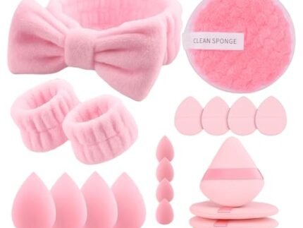 MAYCREATE® 20Pcs Pink Makeup Sponge & Beauty Tools Set, Soft Blending Sponges, Powder Puffs, Makeup Remover Pads, Headband & Wrist Washbands, Complete Cosmetic Applicator Kit