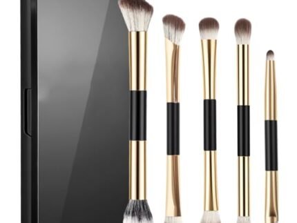 MAYCREATE® Travel Makeup Brush Kit Set of 5Pcs, Double End Eye Brushes Slanted Contour Brush, Portable Makeup Tools with Storage Case, Built in Touch Up Mirror & Cleaning Sponge