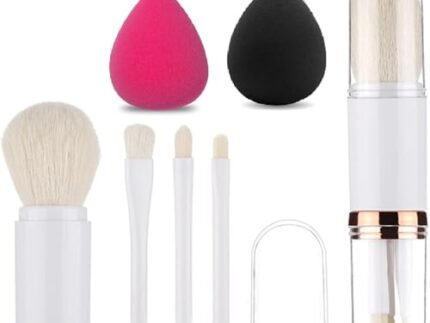 Makeup Brush Set 4 in 1 Portable Travel Blending Powder Foundation Brush, Lip Brush, Highlight Brush, Eyeshadow Brush, 2pc Makeup Sponge Set Beauty Blender with Egg Case, Soft Sponge For Liquid Foundation, Creams, and Powders Latex Free Wet and Dry Makeup