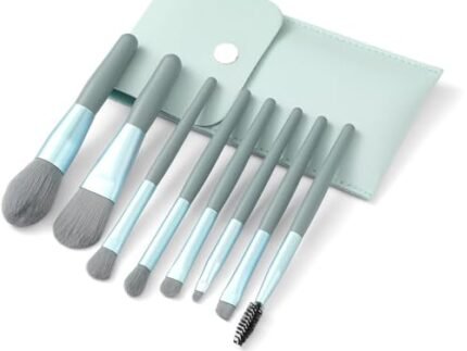 Makeup Brush Set 8 Pcs with Storage Pouch, Mini Travel-Friendly Cosmetic Brushes with Strong Grip Handle for Face & Eye Makeup (Blue Grey/Blue)