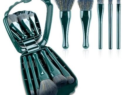 Makeup Brushes 5pcs Mini Makeup Kit, Travel Set, Foundation Brush Eyeshadow Brush Make up Brushes Set, Travel Portable Cosmetic Brushes Kit with Mirror (1ps/Dark Green)
