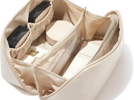 Makeup Pouch Bag Travel Makeup Bag Leather Makeup Organizer Bag/Cosmetic Pouch for Women/Travel Toiletry Bag/Large Capacity Cosmetic Bags Women/Waterproof Portable Pouch Toiletry Bag (White)