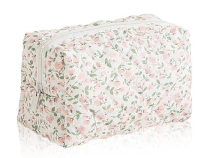 Makeup Pouch Bag for Women, Floral Print Compact Toiletry Case for Travel, Pink Make Up Pouches, Zippered Cosmetic Organizer - 16×9×10cm