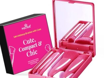 Matra 5 in 1 Mini Makeup Brush Set with Mirror Case - Travel Makeup Kit with Powder, Foundation, Eyeshadow Blender, Shader & Lip Brushes - Portable Cosmetic Set with Storage Box for Face & Eye Makeup