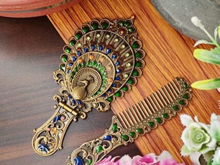 Metal Mirror and Comb Set, Peacock Mirror, Tabletop Mount, Framed, Oval, Multicolour