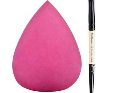 Midazzle Makeup Sponge and Wooden 2-in-1 Lip Brush Set, Beauty Blender with Lip Filler and Liner Brush, 2 Pieces