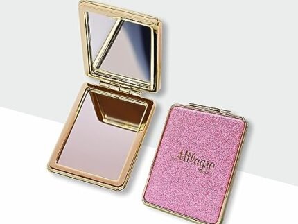 Milagro Beauty Foldable Vanity Hand Mirror – Dual Magnification Rectangular Makeup Mirror, 2X Magnifying Tabletop & Travel Compact Mirror for Grooming & Touch-Ups (Pink, Small Size)