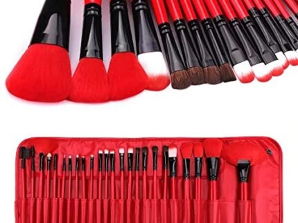 PROFESSIONAL 24Pcs Makeup Brush Set for Foundation, Face Powder, Blush Blending Brushes, Wooden Handle Cruelty-Free Synthetic Fiber Bristles with Leather Case (Red)