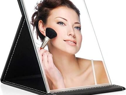 Portable Foldable Makeup Mirror with Leather Cover & Stand – Compact Frameless Vanity Mirror for Travel, Table & Dressing Use – Rectangular Design, Black (Pack of 1)