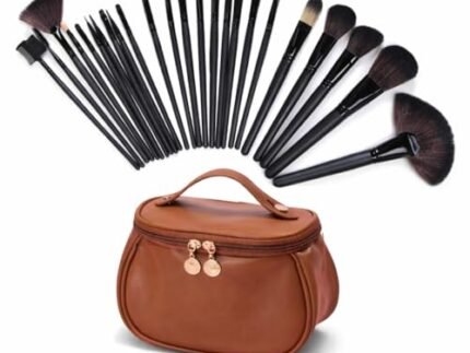 Professional Makeup Brush 24 Pcs Set with Storage Pouch Complete Face & Eye Brush Kit for Foundation, Powder, Blush, Contour, Eyeshadow & Blending Black Brushes with Brown Case